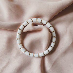 Criss-Cross Pattern Gold Ribbon Wrapped White Minimal Acrylic Bangle Bracelet
